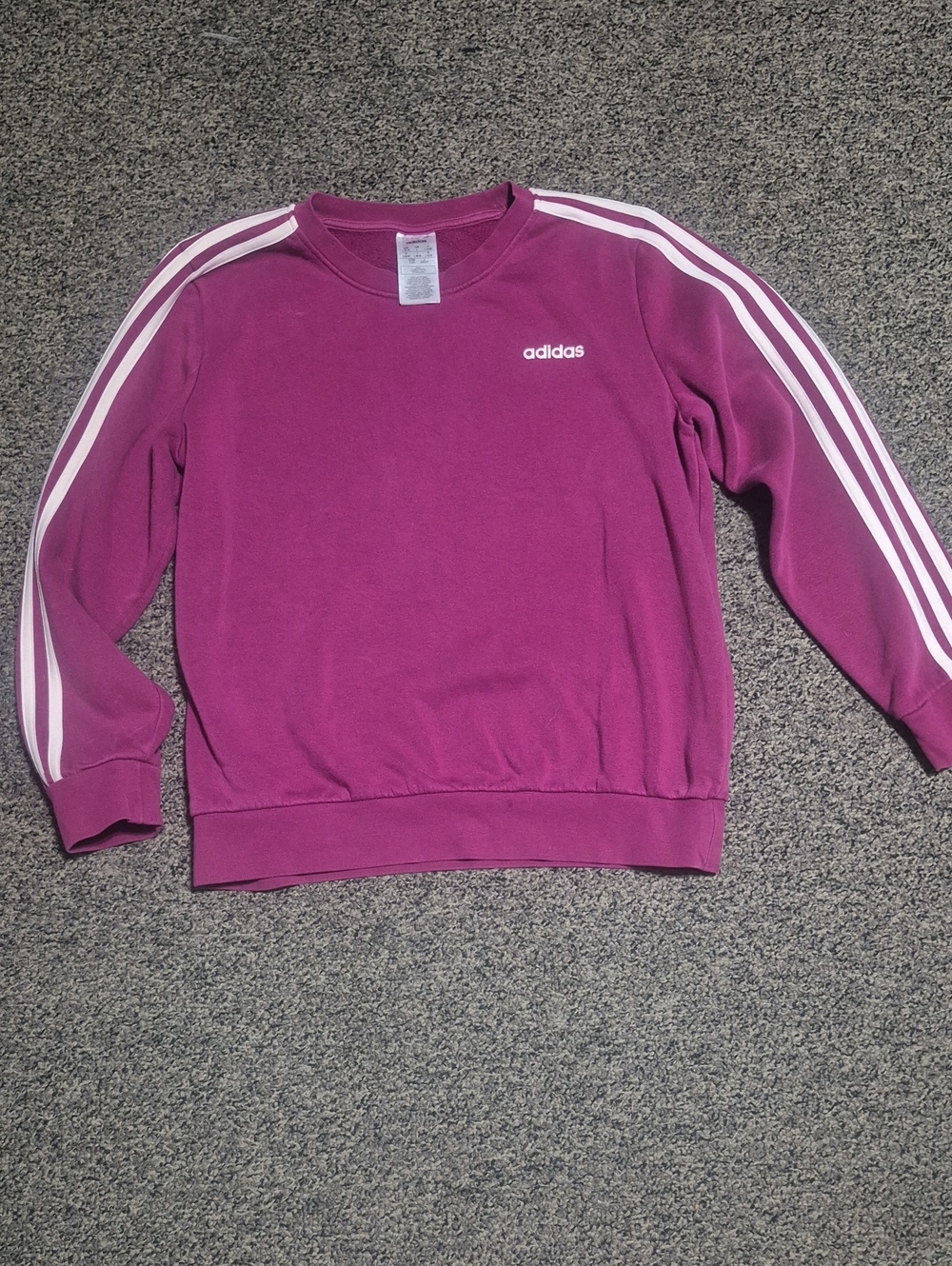 Adidas Girls' Magenta Crew Sweatshirt with White Sleeve Stripes-Youth L/Woman S